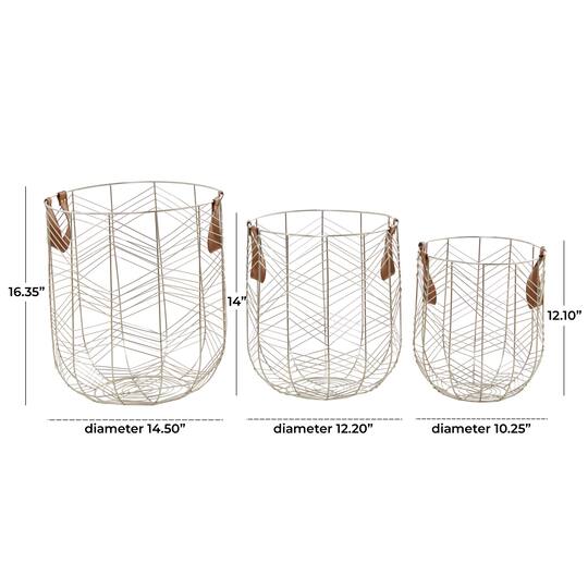 CosmoLiving by Cosmopolitan Silver Metal Storage Basket with Faux Leather Handles Set of 3 16", 14